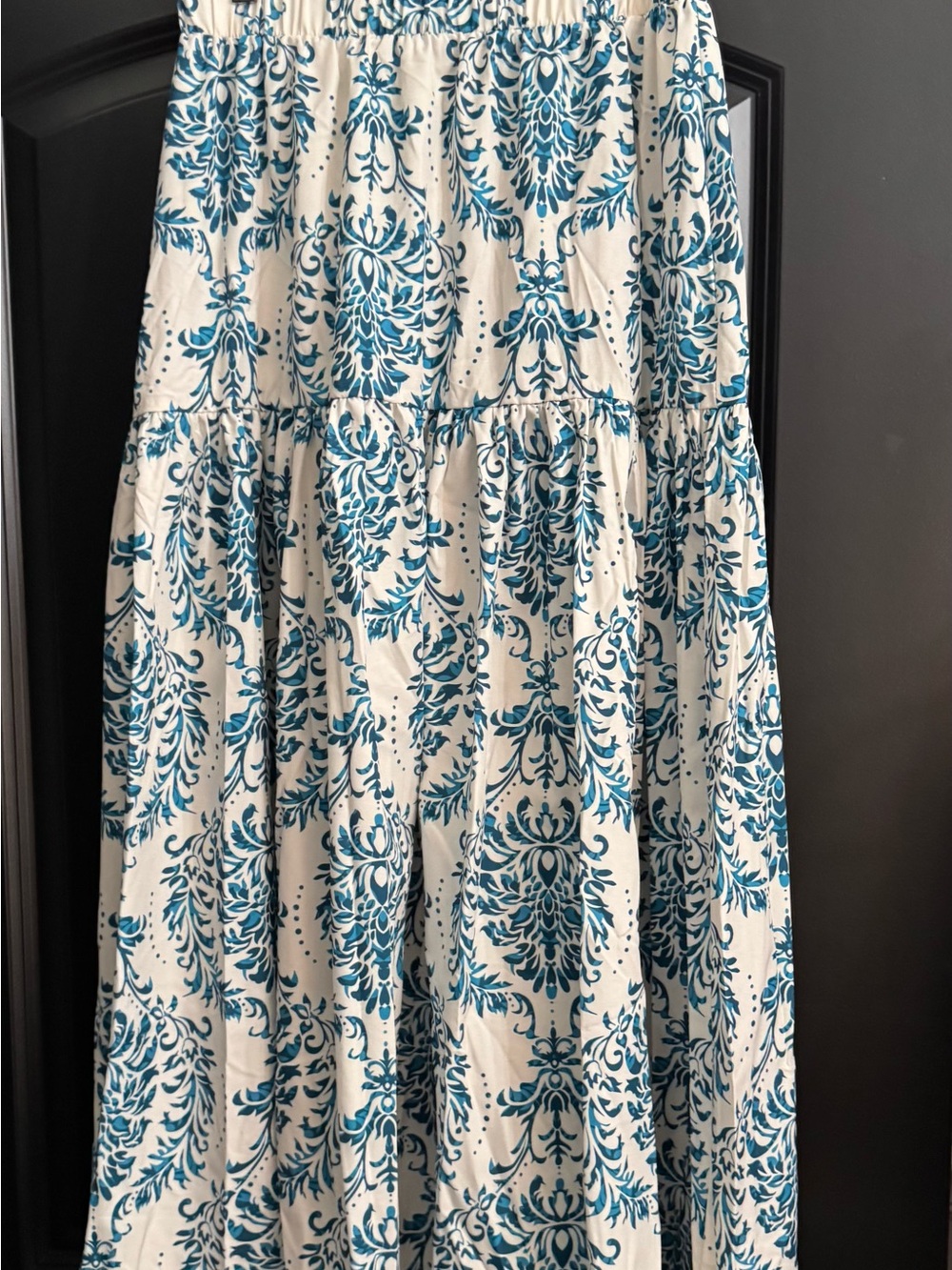 Damask Print Tiered Maxi Skirt White/ Teal Blue / Turquoise